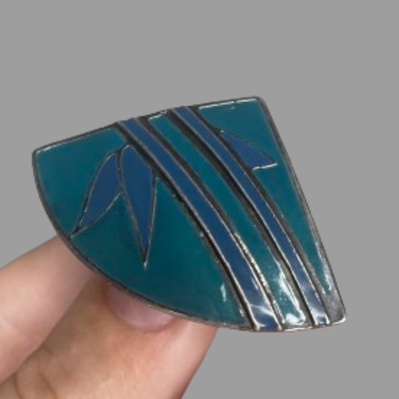 Vintage L Bott Pierced Stud Earrings Signed Dark Blue Teal Enamel Silver Toned - Picture 1 of 5